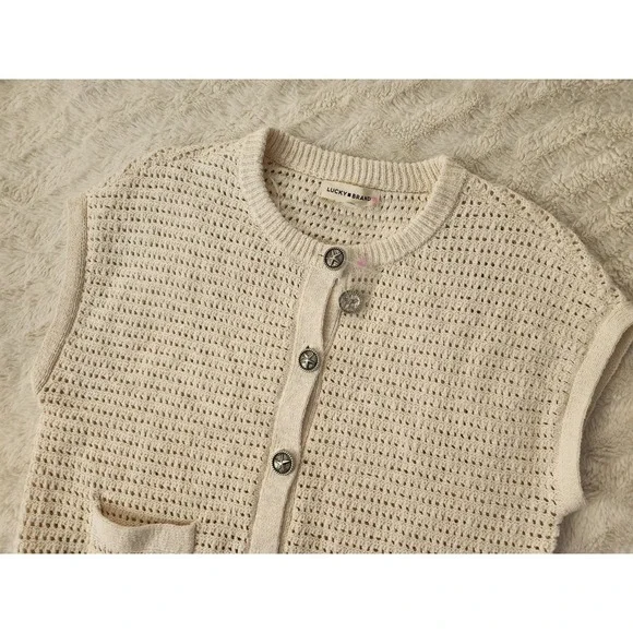 Lucky Brand Short Sleeve Knit Cardigan Cream Color Womens Medium Button Front - Picture 1 of 8